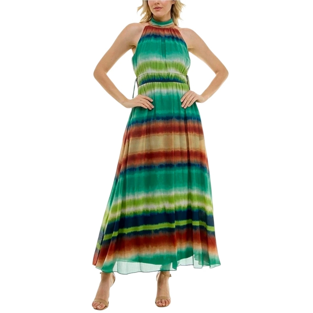 NWT Taylor chiffon halter mock neck sleeveless maxi dress featuring tie side